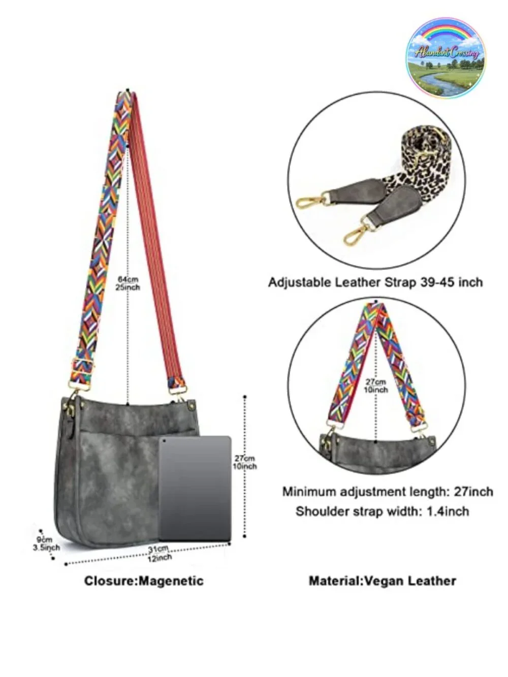Women's Hobo Crossbody Bag Vegan Leather with 2 Adjustable Guitar Straps